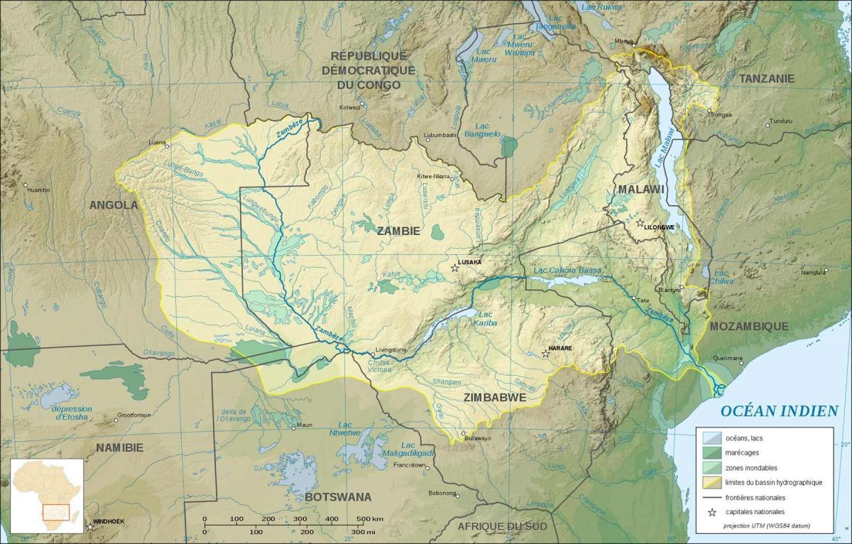 карта на Замбија покажува реки и езера
